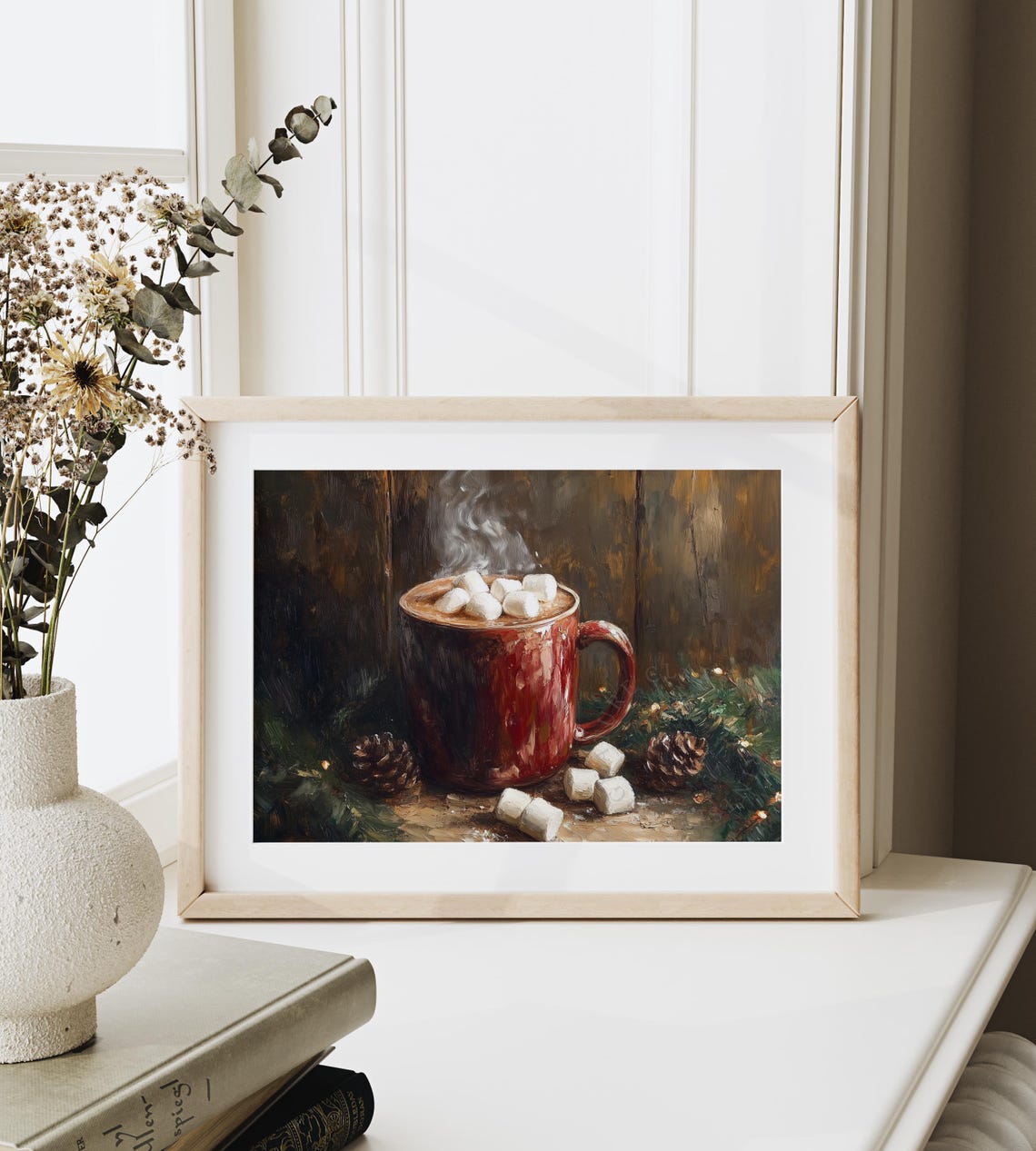 Red Enamel Mug Of Hot Cocoa With Marshmallows And Pinecones Poster - Image 6