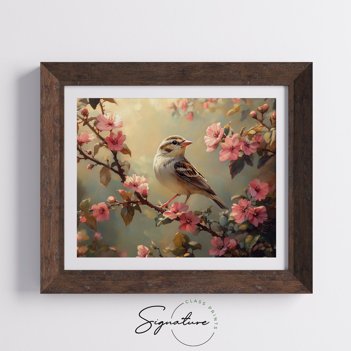 Sparrow Perched Pink Blossom Branch Spring Bird Sunshine Floral Painting Poster - Image 3