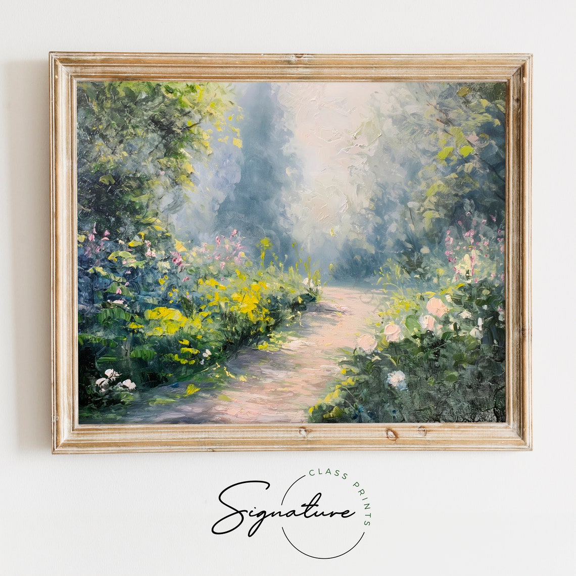 Sunlit Garden Path Lined with Colorful Flowers Impressionist Poster