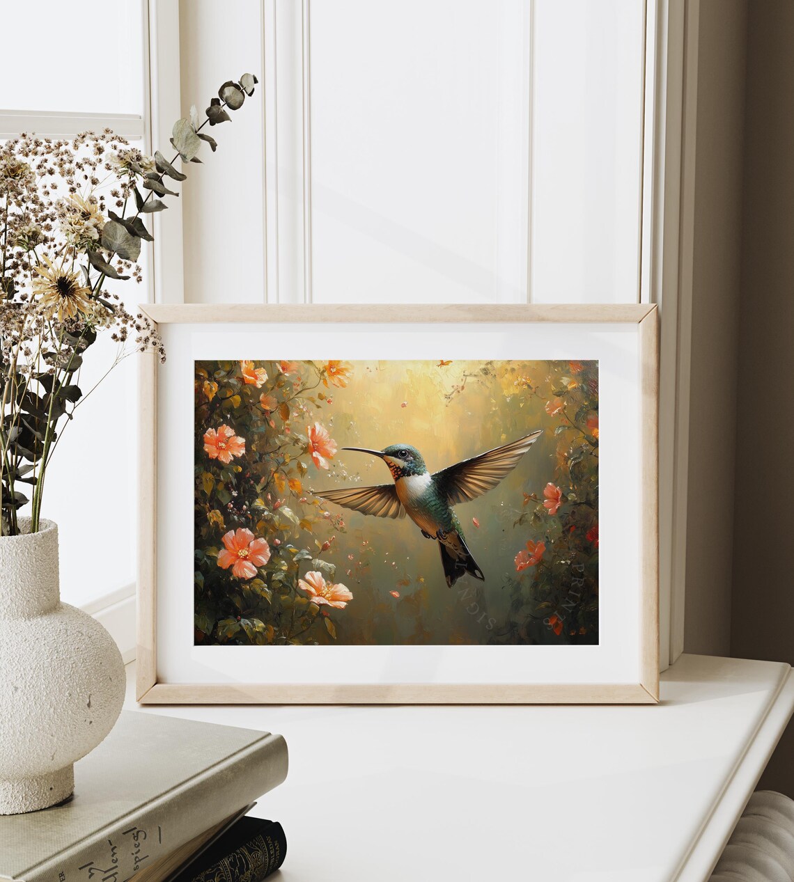 Vibrant Hummingbird Amid Blooming Garden Golden Bird Wall Art - Image 4