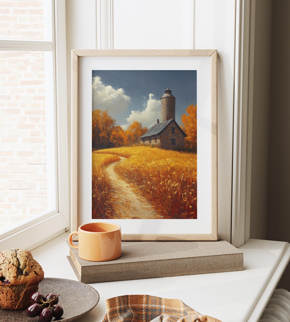 Stone Farmhouse With Tall Silo in Ripe Wheat Field Autumn Landscape Wall Art - Image 6