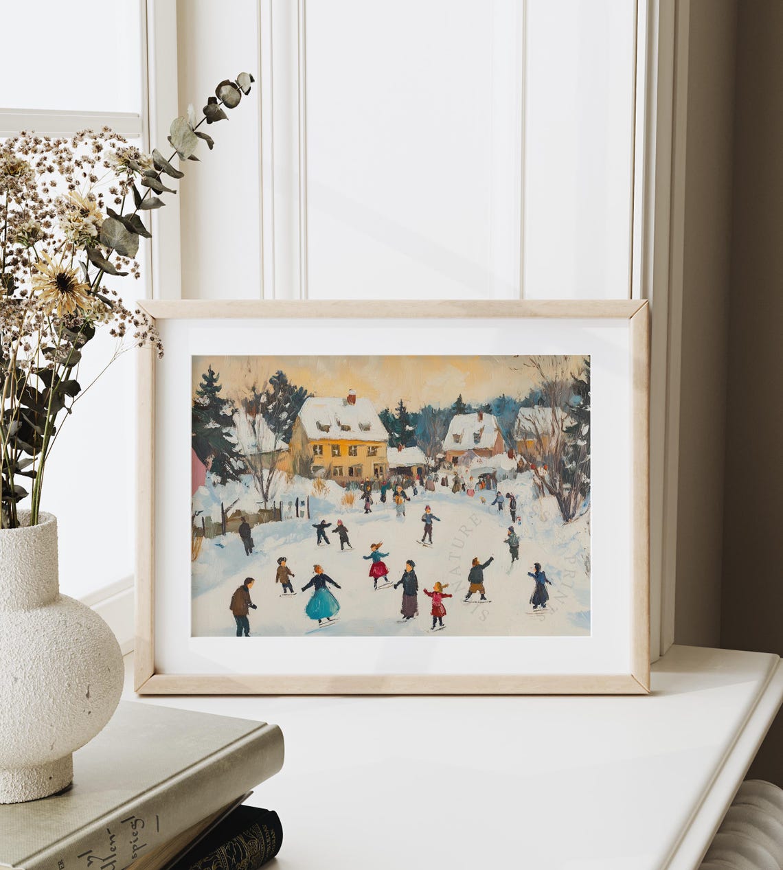 Winter Village Ice Skating At Dusk With Snowy Cottages Poster - Image 6