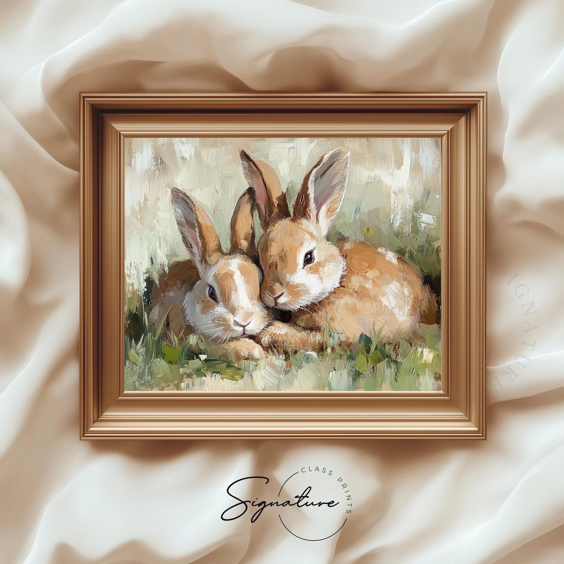 Two Rabbits Cuddling in Meadow Spring Bunny Pair Oil Painting Poster