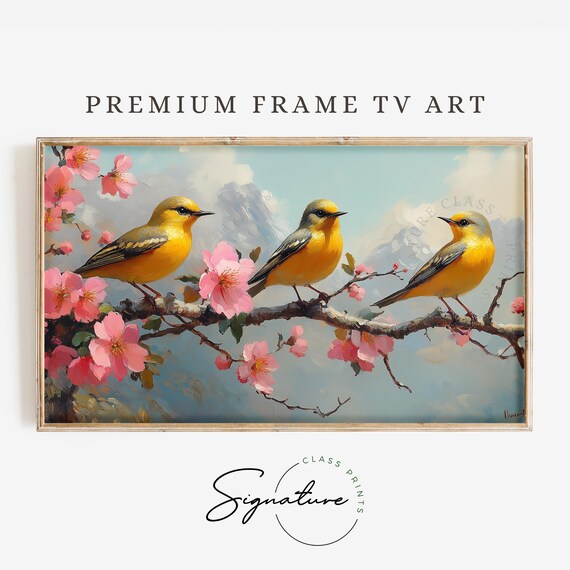 Three Golden Finches On Pink Blossom Branch Spring Art Poster