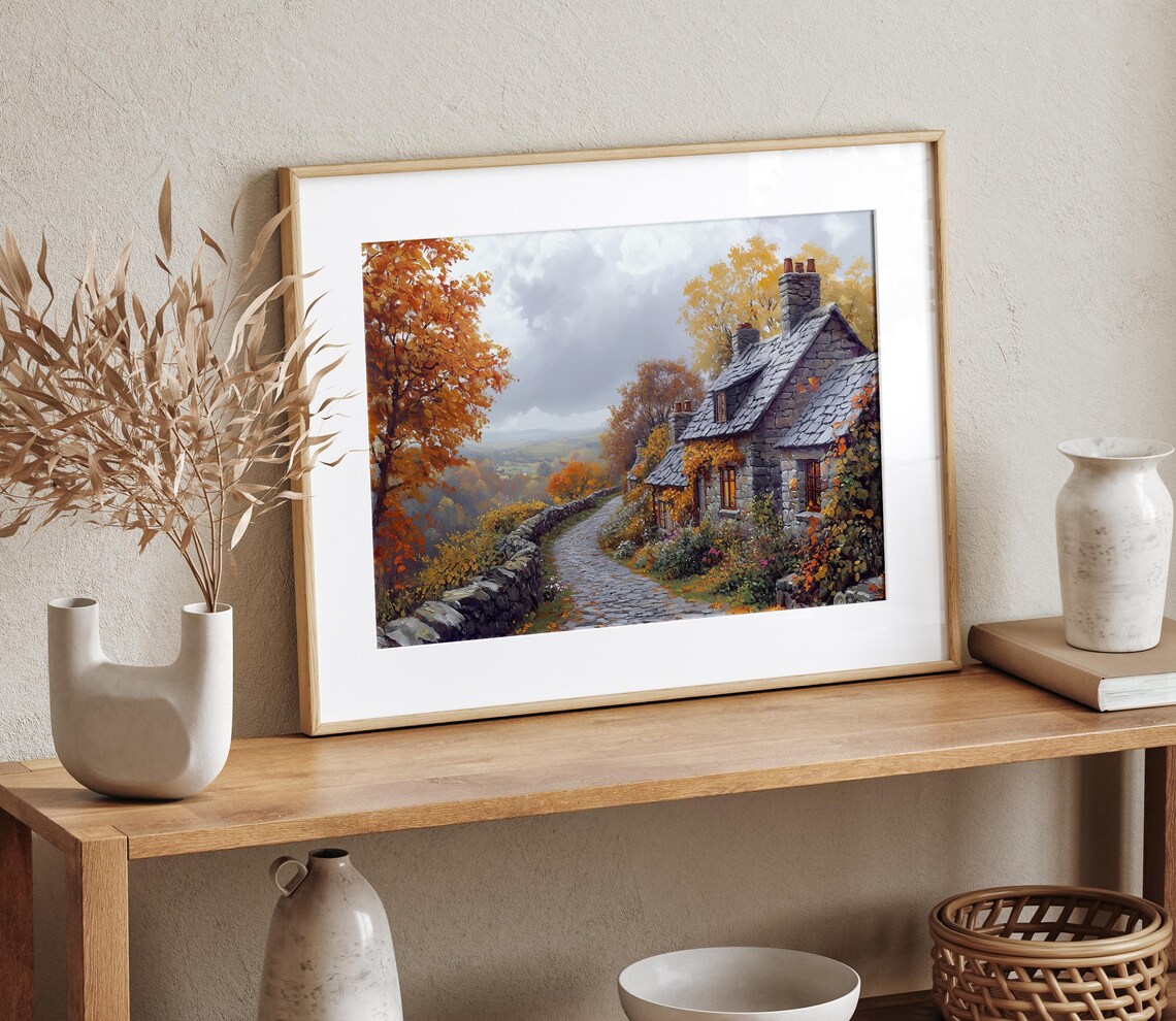 Autumn Stone Cottage Painting Cobblestone Path Fall Foliage Decor Poster - Image 4