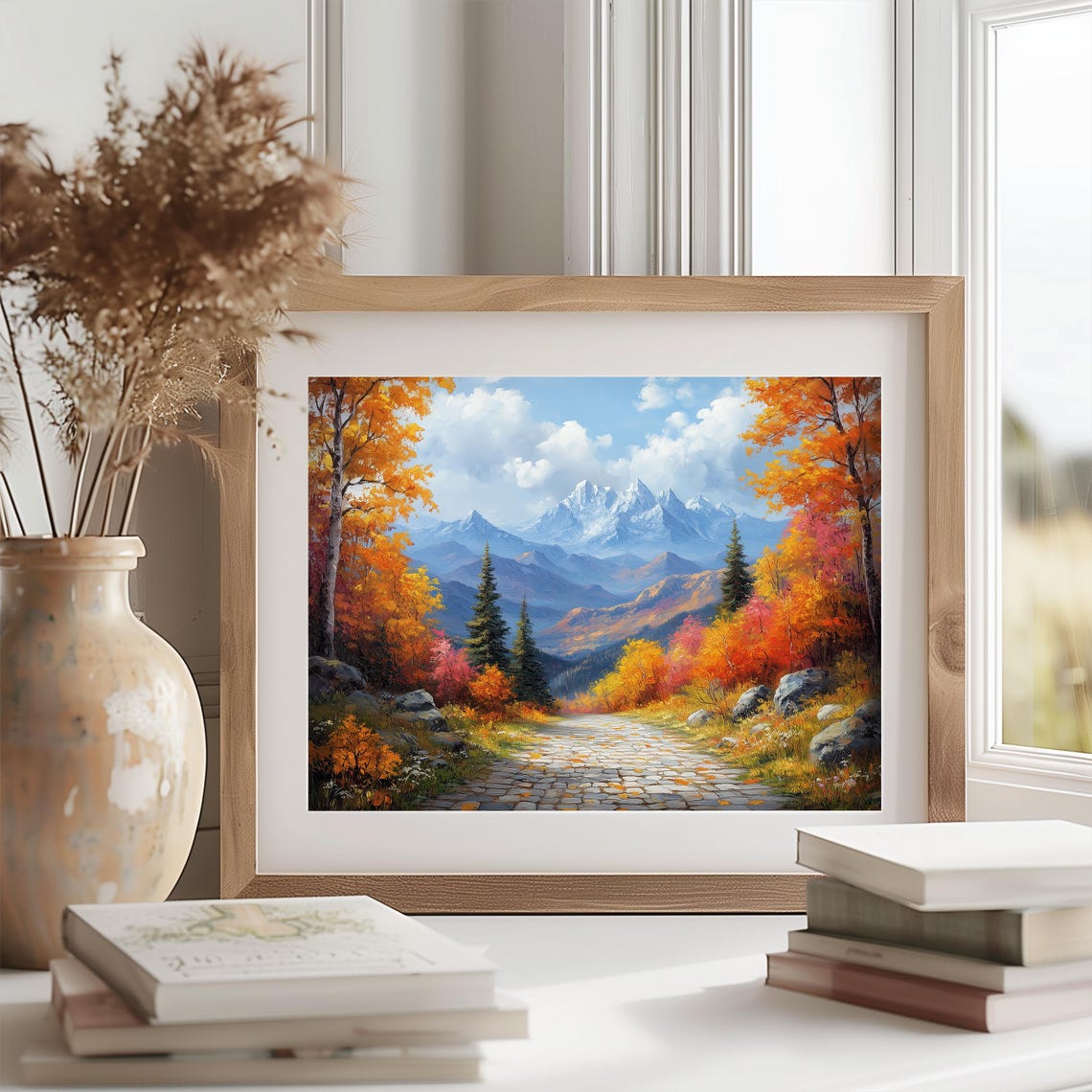 Stone Pathway Through Autumn Forest Toward Snowy Mountains Poster - Image 2