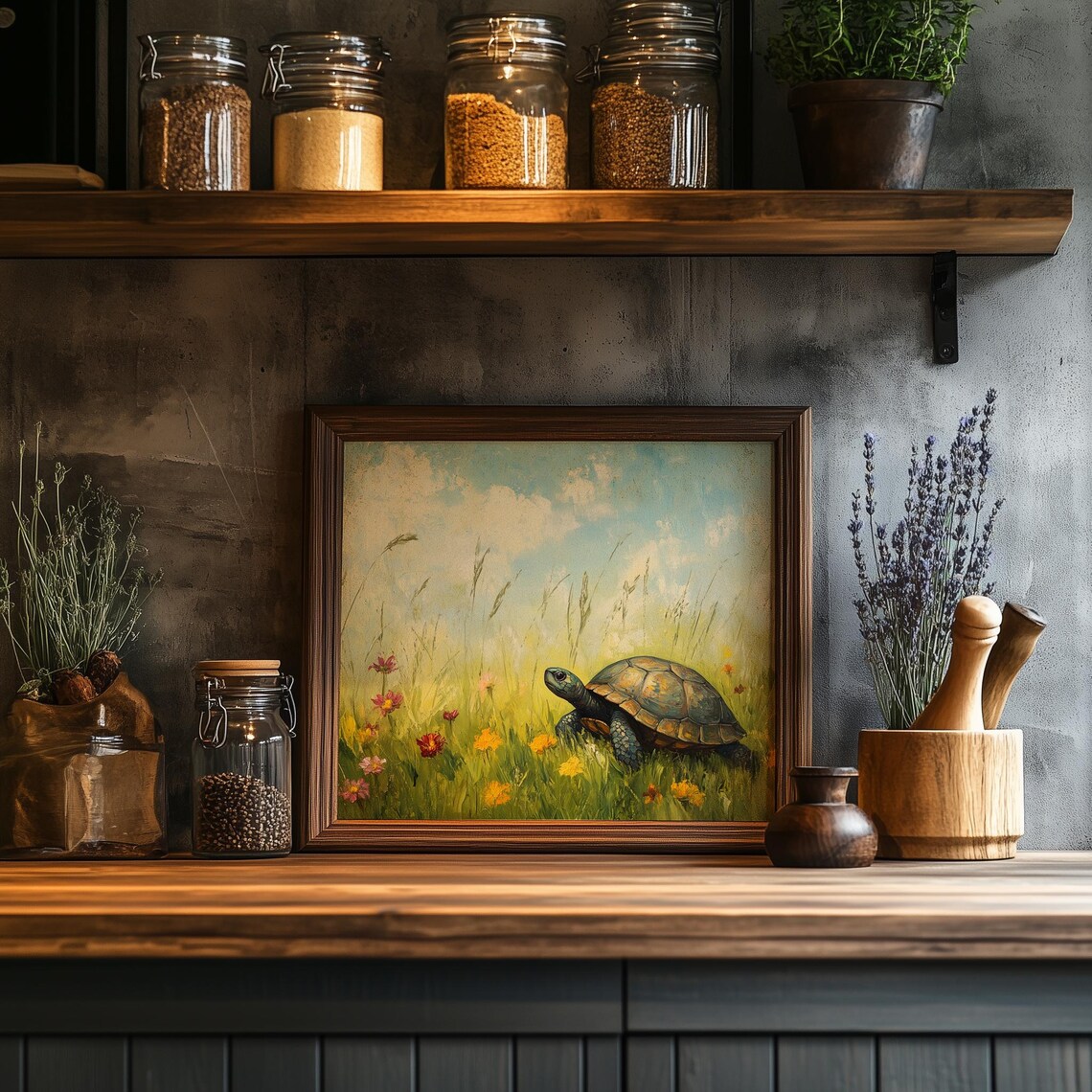 Turtle Crossing Wildflower Meadow Sunny Day Wildlife Painting Poster - Image 2