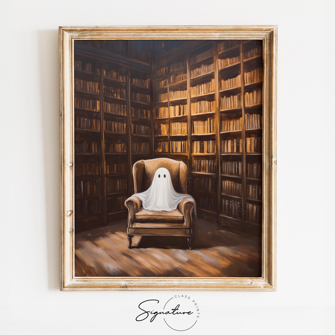 Cute Ghost Cozy Library Armchair Vintage Bookshelves Art Poster