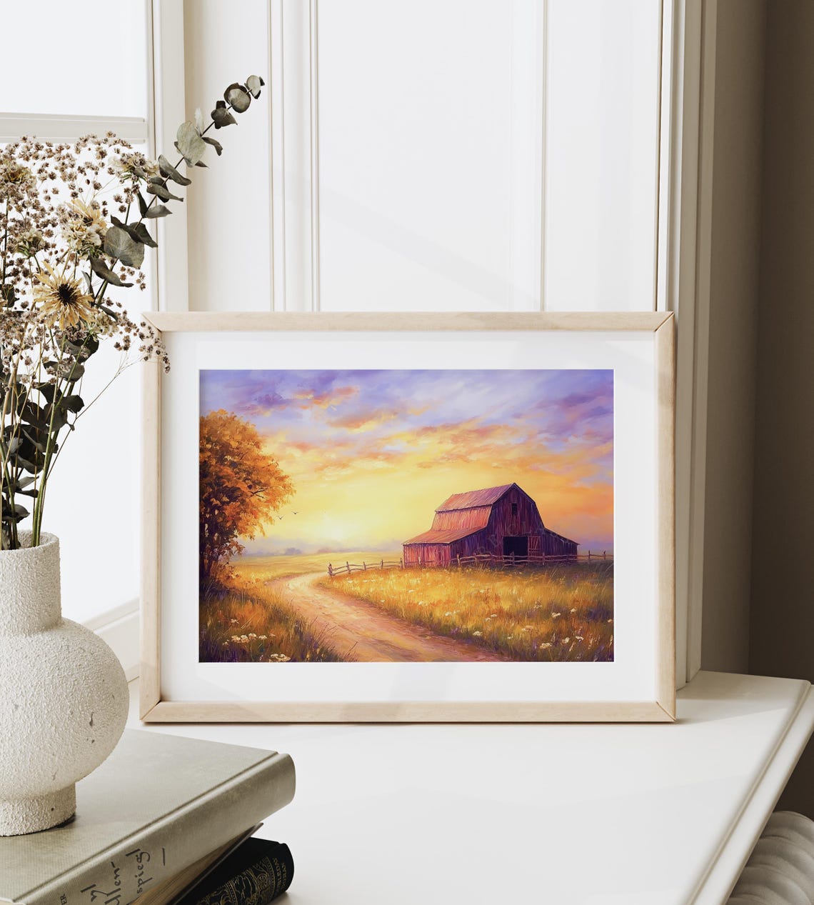 Red Barn At Golden Sunset Country Road Rustic Landscape Poster - Image 4