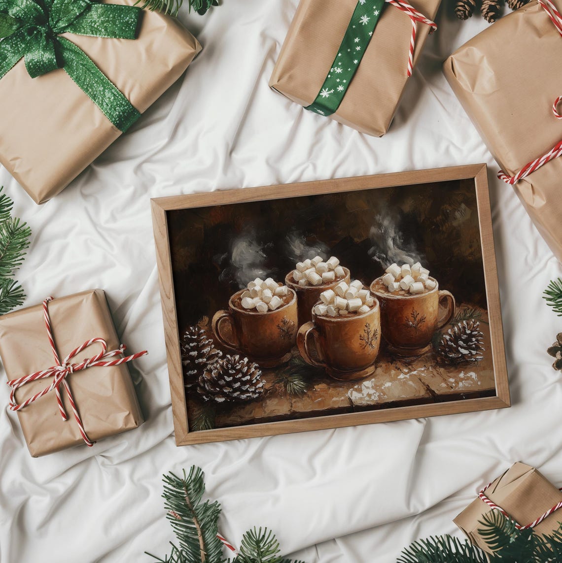 Four Steaming Cocoa Mugs With Marshmallows And Pinecones Poster - Image 2