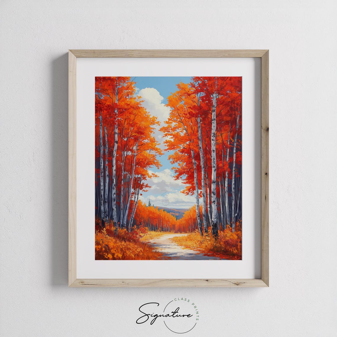 Red Birch Forest Autumn Foliage Winding Sunlit Path Painting Print - Image 3