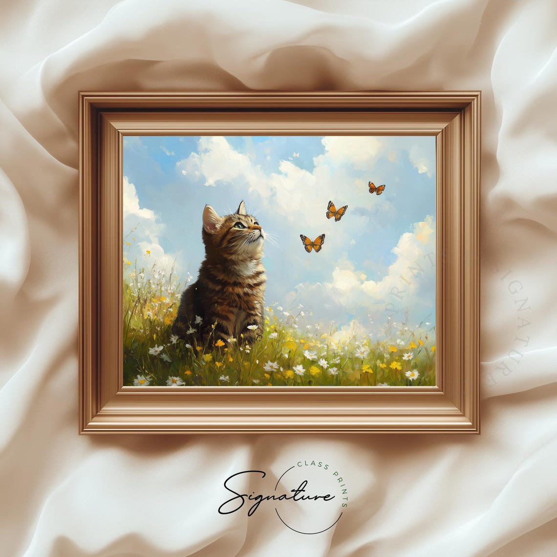 Tabby Kitten Watching Butterflies Flower Meadow Spring Poster