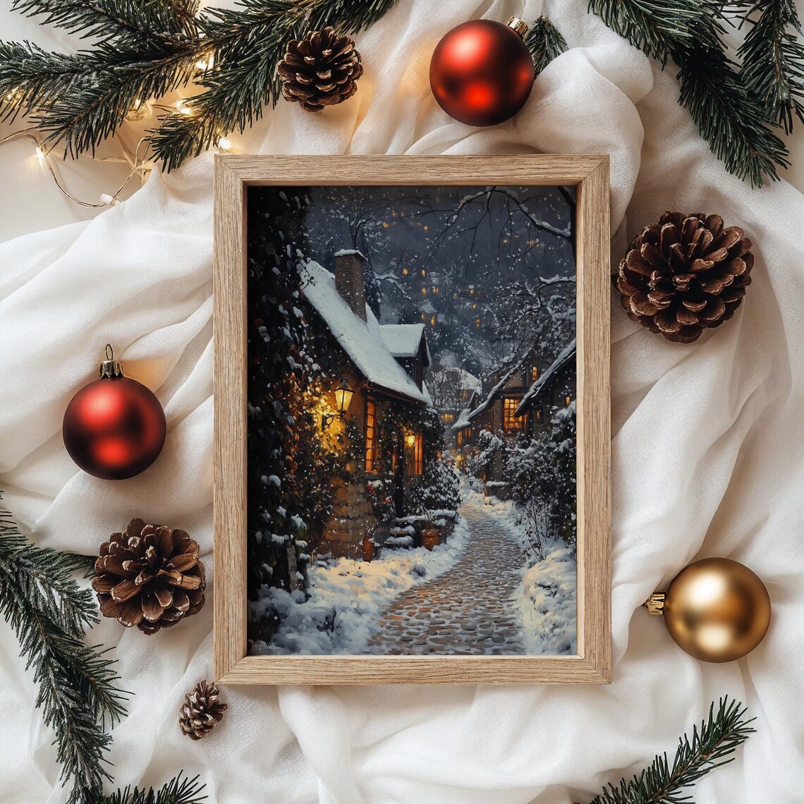 Snowy Cobblestone Alley at Night with Glowing Cottages Poster - Image 4