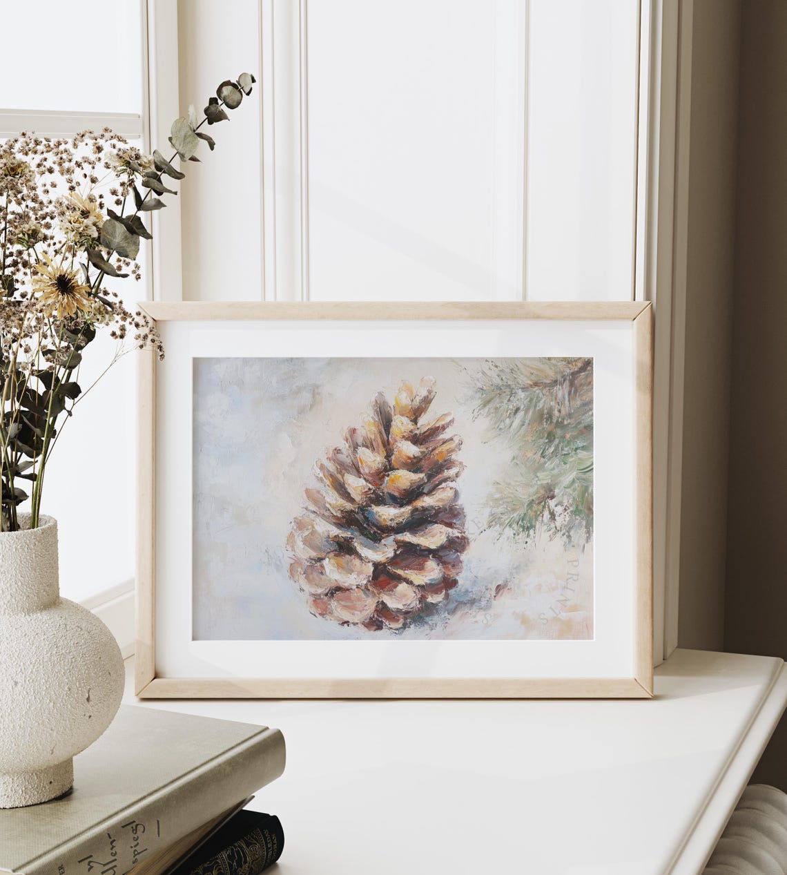 Large Pinecone With Snowy Pine Branch Vintage Winter Art Poster - Image 6