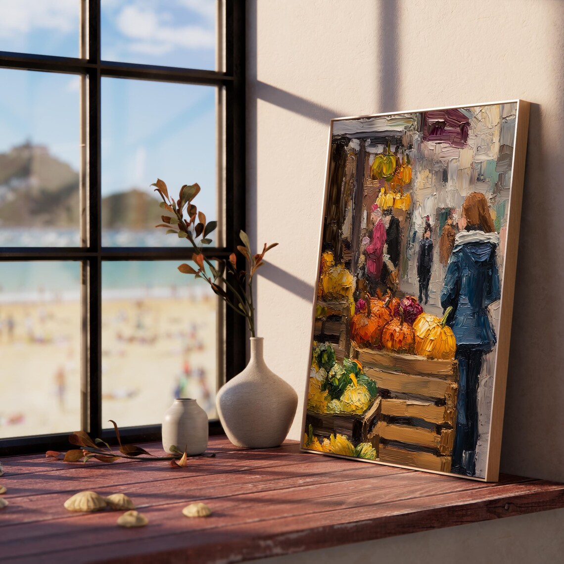 Busy Autumn Farmers Market with Pumpkin Crates and Shoppers Poster - Image 5