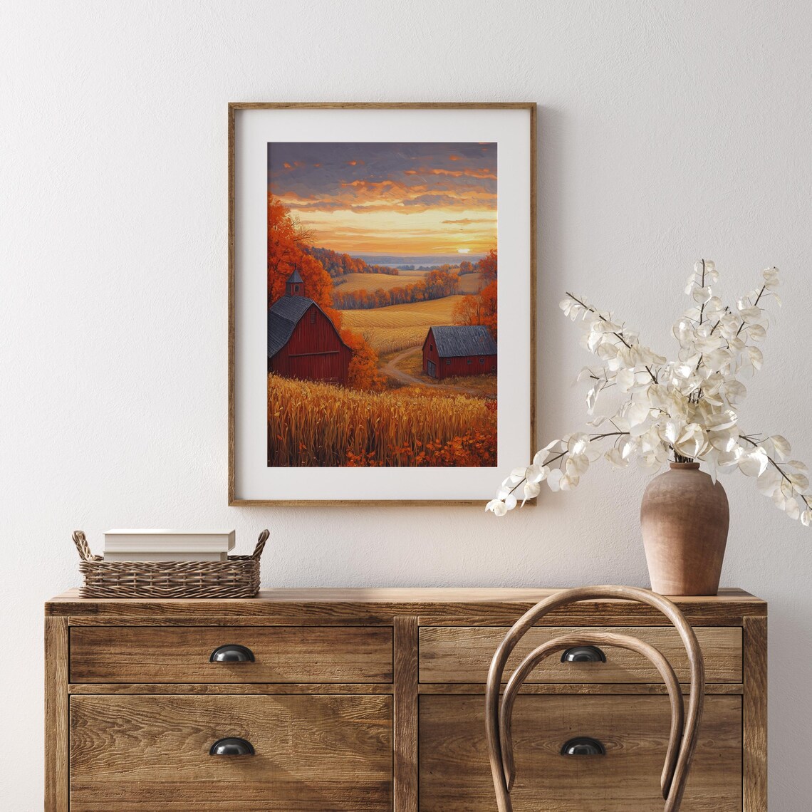 Two Red Barns in Golden Fields Under Blazing Autumn Sunset Sky Wall Art - Image 5