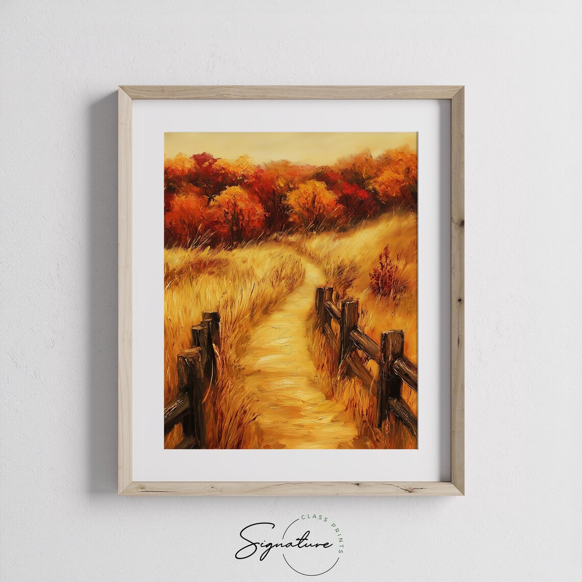 Golden Country Path with Split Rail Fences and Crimson Trees Poster - Image 3