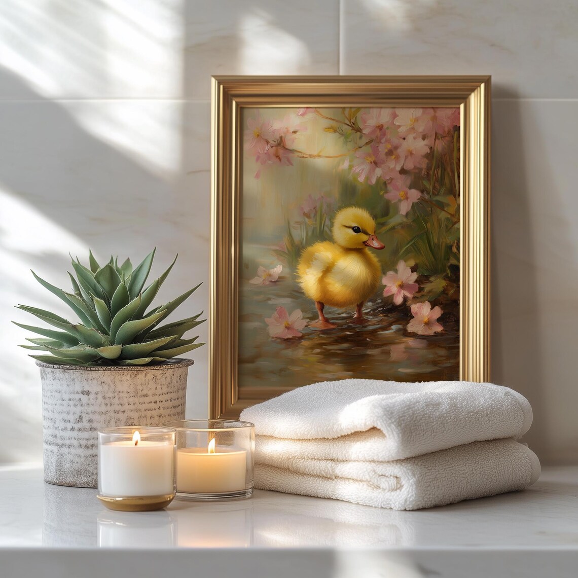 Baby Duckling in Water Pink Blossom Petals Spring Wildlife Art Print - Image 3