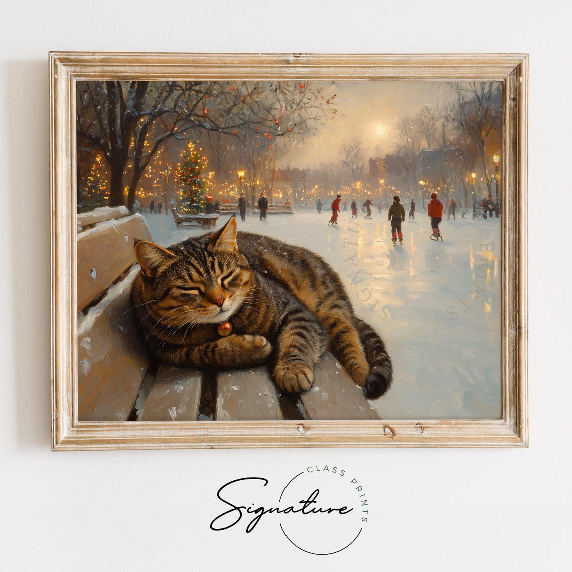 Tabby Cat Napping on a Snowy Park Bench Overlooking Ice Skaters Poster