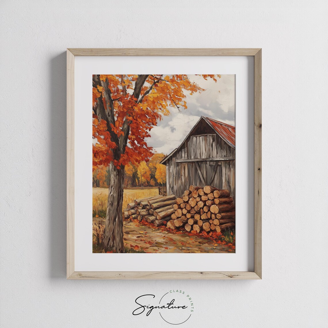 Weathered Barn With Stacked Firewood Under Blazing Autumn Tree Wall Art - Image 3
