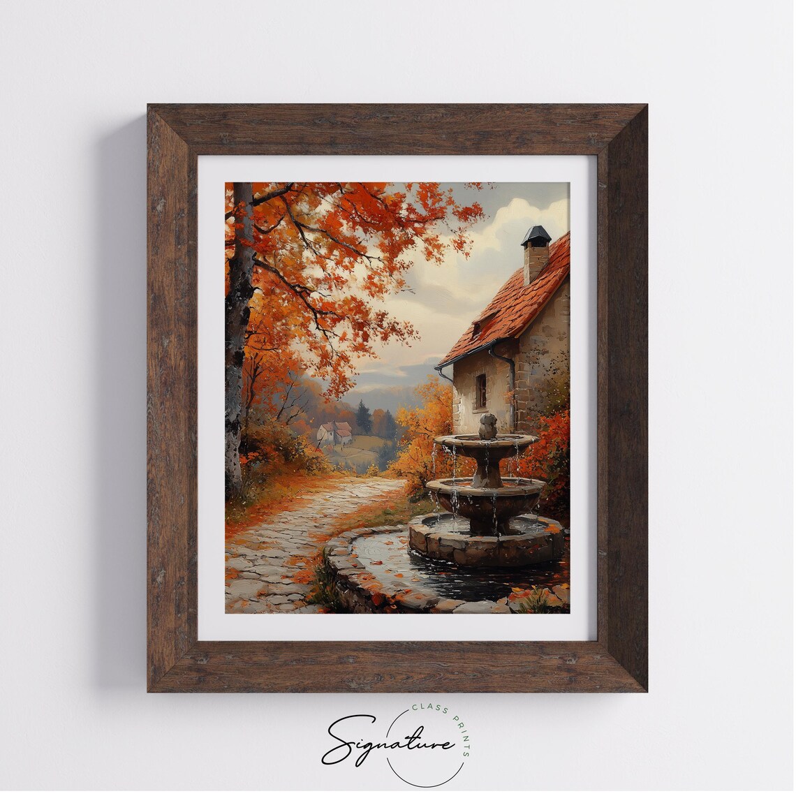 Stone Fountain Courtyard Beside Cottage In Blazing Autumn Trees Poster - Image 4