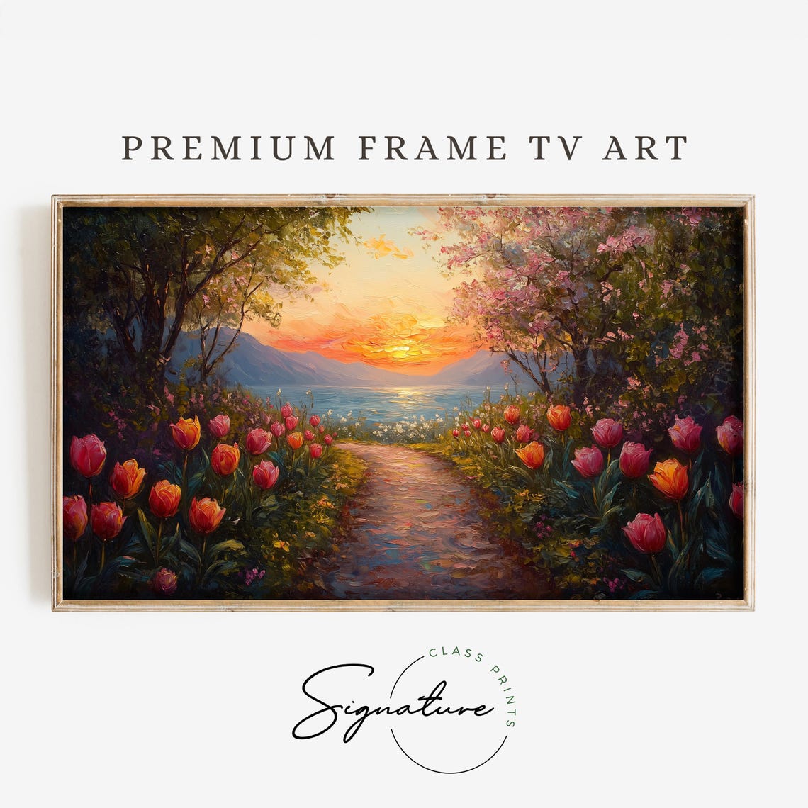 Tulip Path To The Lake At Sunset Romantic Spring Garden Art Poster