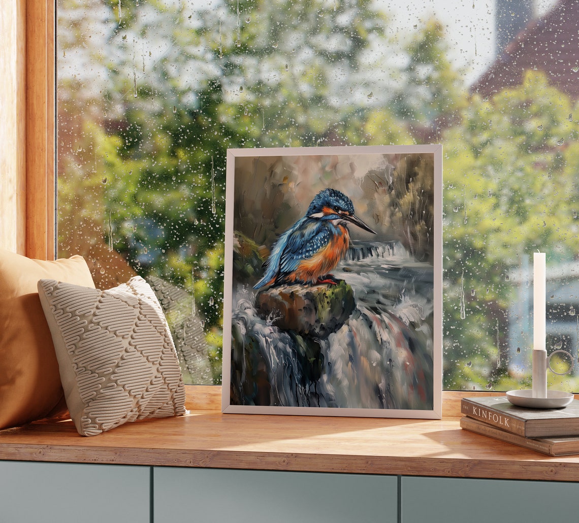 Kingfisher Perched By Waterfall Vivid Blue Bird Painting Poster - Image 2