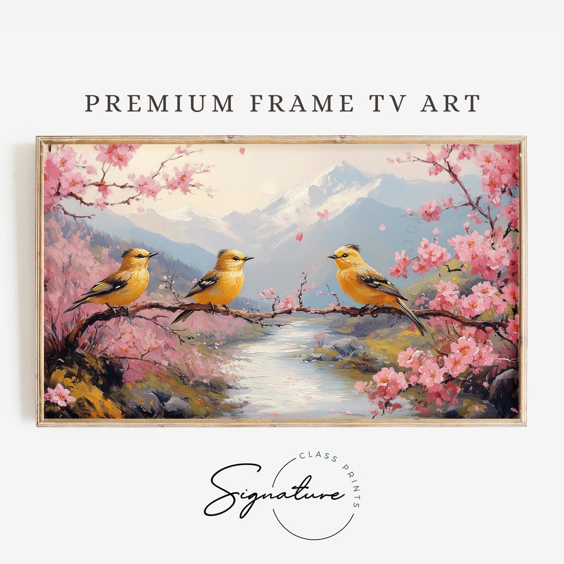 Three Golden Songbirds On Blossom Branch Mountain River Poster