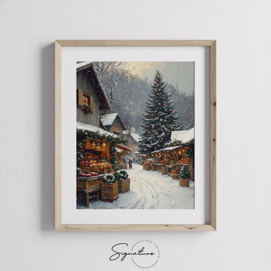 Snowy Christmas Market with Big Tree and Warm Market Stalls Poster - Image 2