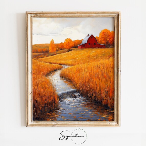 Red Barn Beside Winding Stream Flowing Through Golden Wheat Fields Wall Art