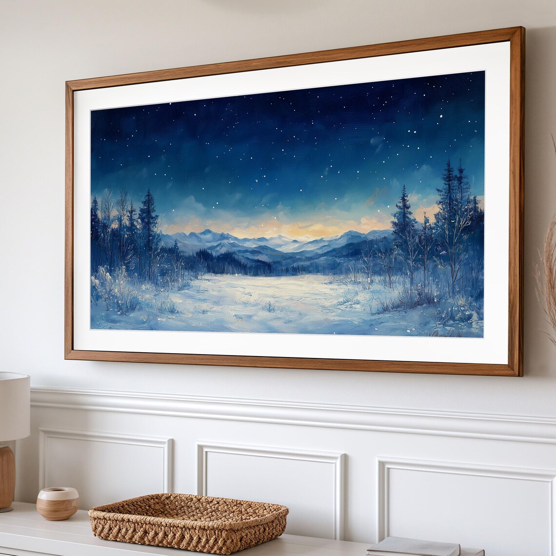 Winter Twilight Starry Sky Snowy Meadow Distant Blue Mountains Night Poster - Image 2