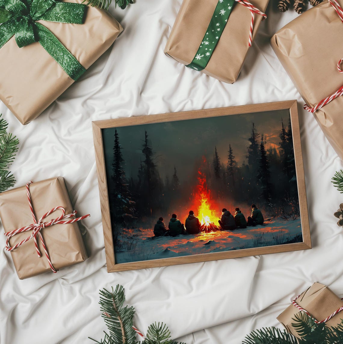 Friends Gathered Around Campfire In Snowy Night Forest Poster - Image 2