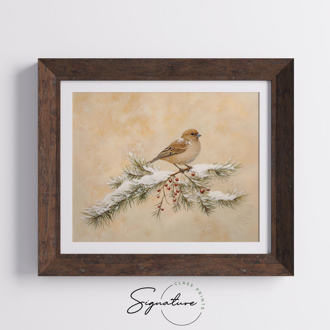 Linnet Songbird On Snow Dusted Pine With Red Berries Winter Print - Image 4