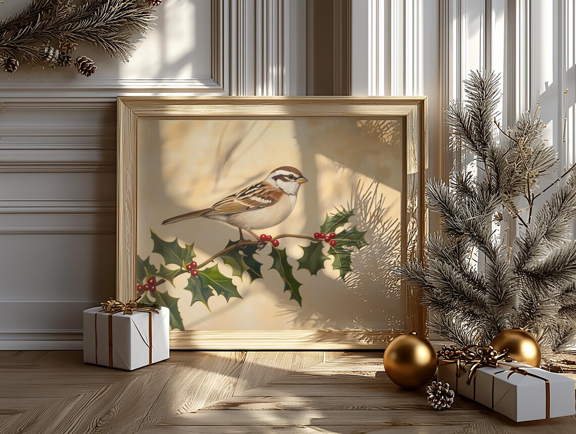 White Throated Sparrow on Holly Branch Berries Vintage Poster - Image 6
