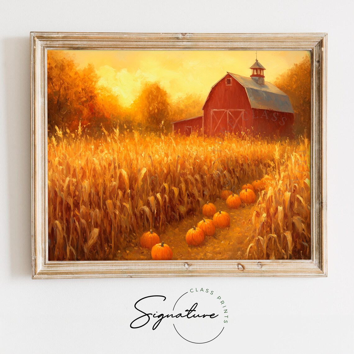 Red Barn Sunset Painting Golden Cornfield Pumpkins Autumn Fall Decor Poster