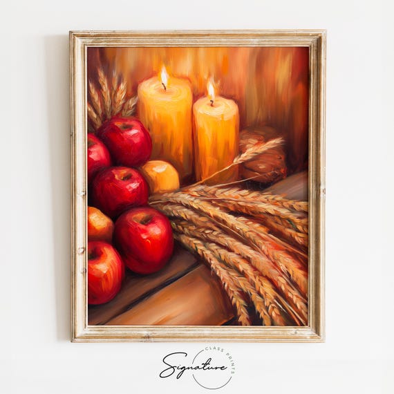 Cozy Autumn Still Life With Apples Wheat Candles Earthy Fall Harvest Rustic Farmhouse Decor Moody Autumn Art Wall Art 1692