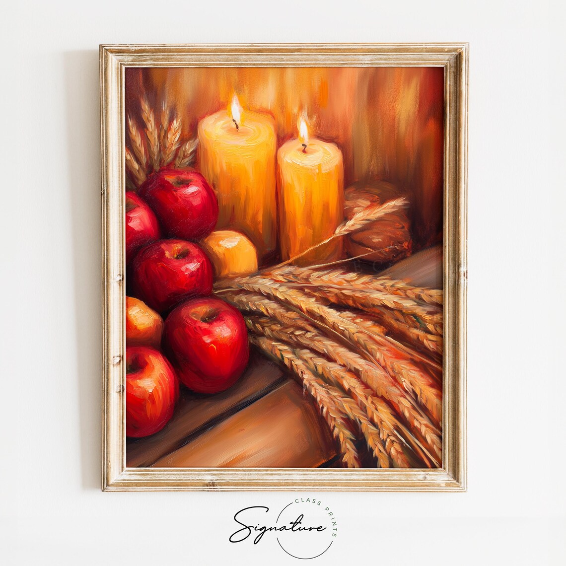 Cozy Autumn Still Life with Red Apples Wheat Sheaves and Candles Poster