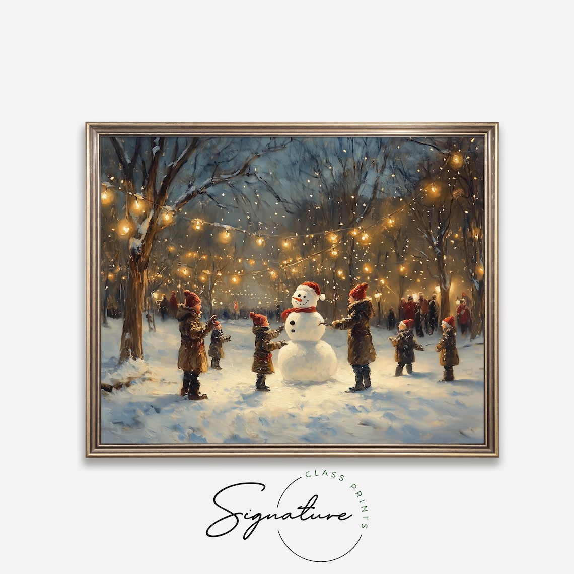 Kids Building a Snowman in Winter Woods, Holiday Art Print - Image 4