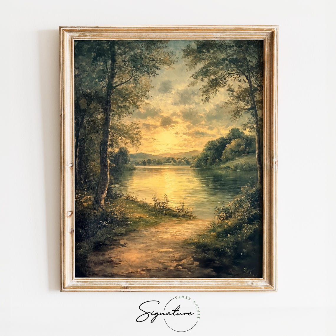 Golden Light On A Peaceful River Serene Rustic Landscape Art Cottagecore Nature Wall Decor Earthy Painting 2979