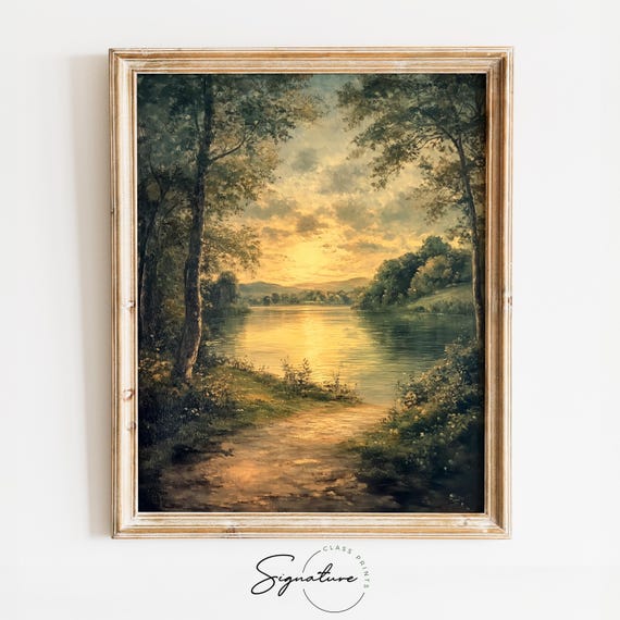 Golden Light On A Peaceful River Serene Rustic Landscape Art Cottagecore Nature Wall Decor Earthy Painting 2979
