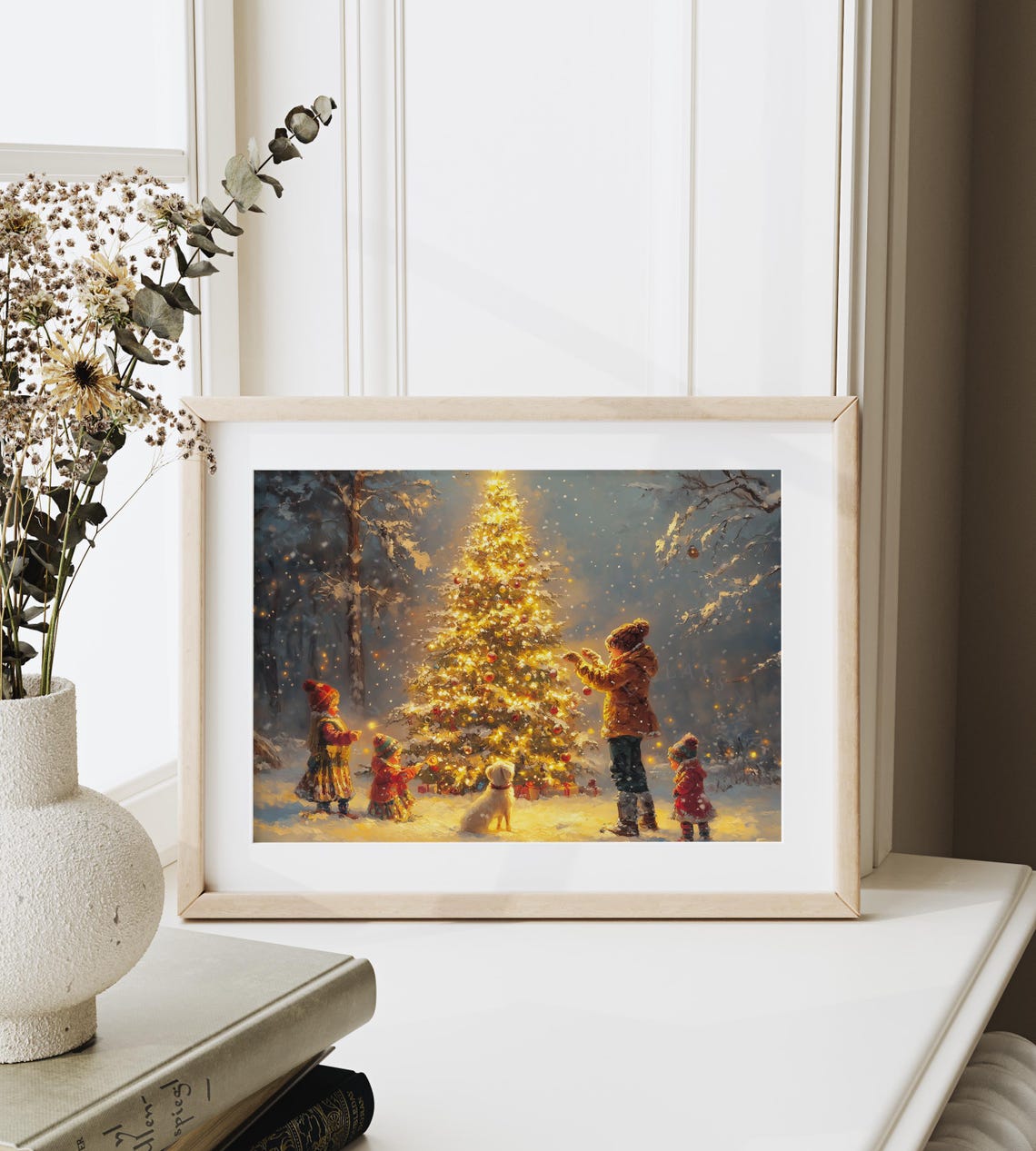 Children and Dog Decorating a Tall Christmas Tree in Snow Poster - Image 6