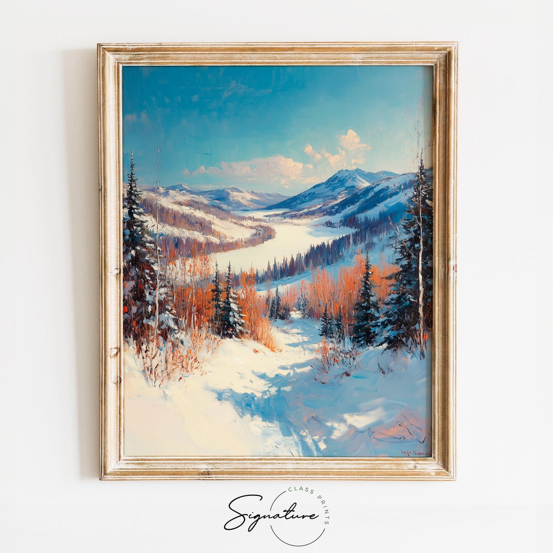 Sunny Snowy Mountain Valley with Frozen Lake and Pines Poster