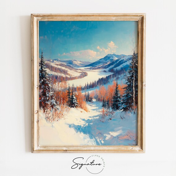 Sunny Snowy Mountain Valley with Frozen Lake and Pines Poster