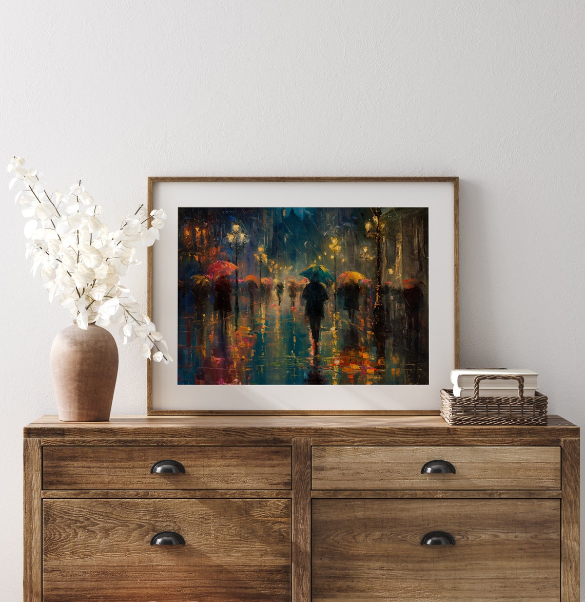 Rainy City Square At Night With Umbrellas Impressionist Poster - Image 3