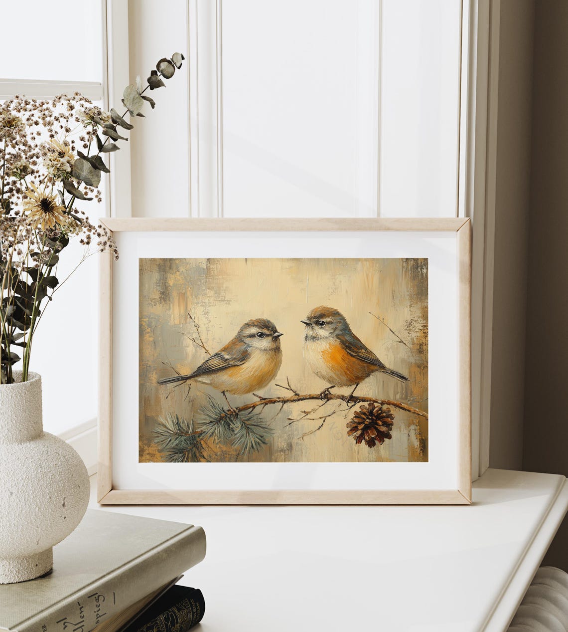 Two Small Songbirds On A Pine Branch With Pinecone Painting Poster - Image 6