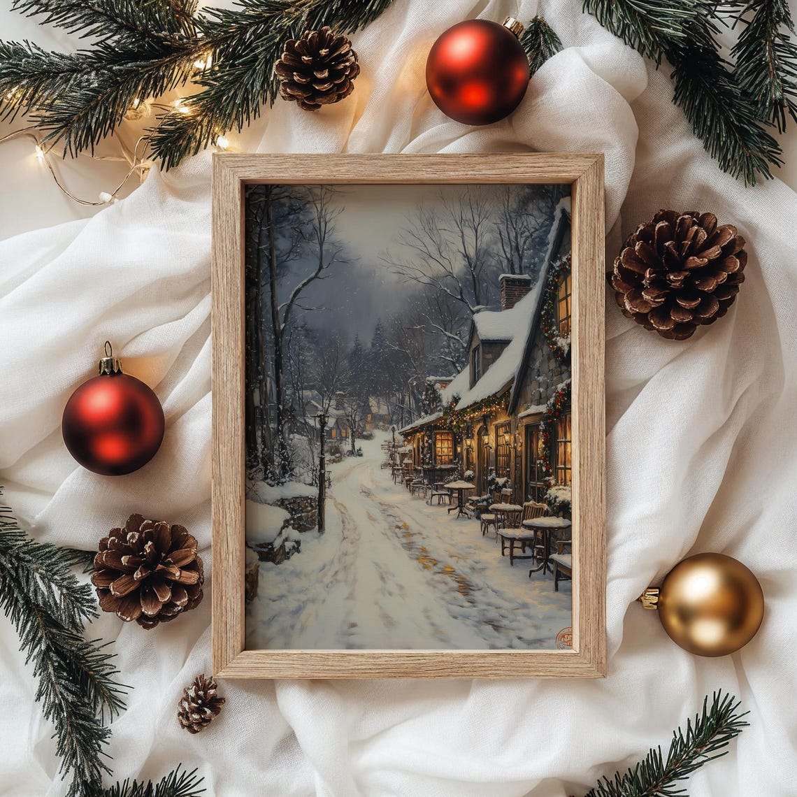 Snowy Cafe Street at Night with Glowing Wreaths Winter Poster - Image 4