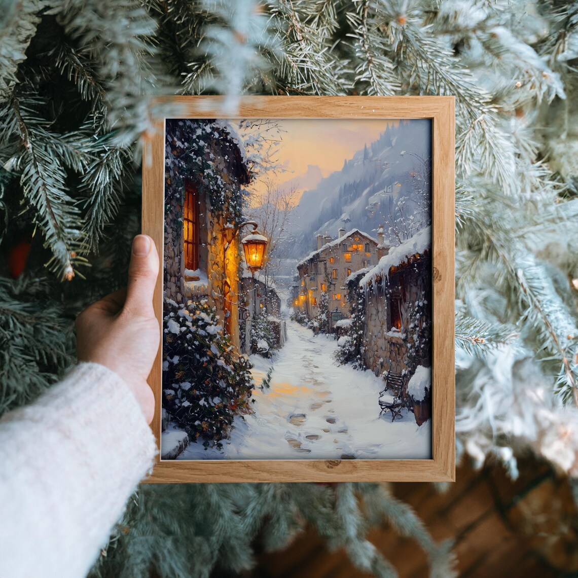 Snowy Village Lane At Dusk With Glowing Lamp Winter Scene Poster - Image 6