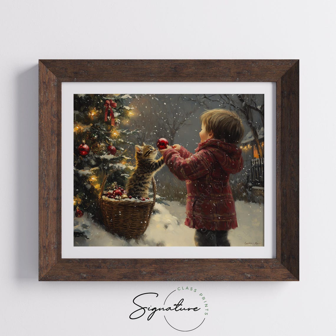 Child Sharing A Red Ornament With A Kitten By A Snowy Tree Poster - Image 5