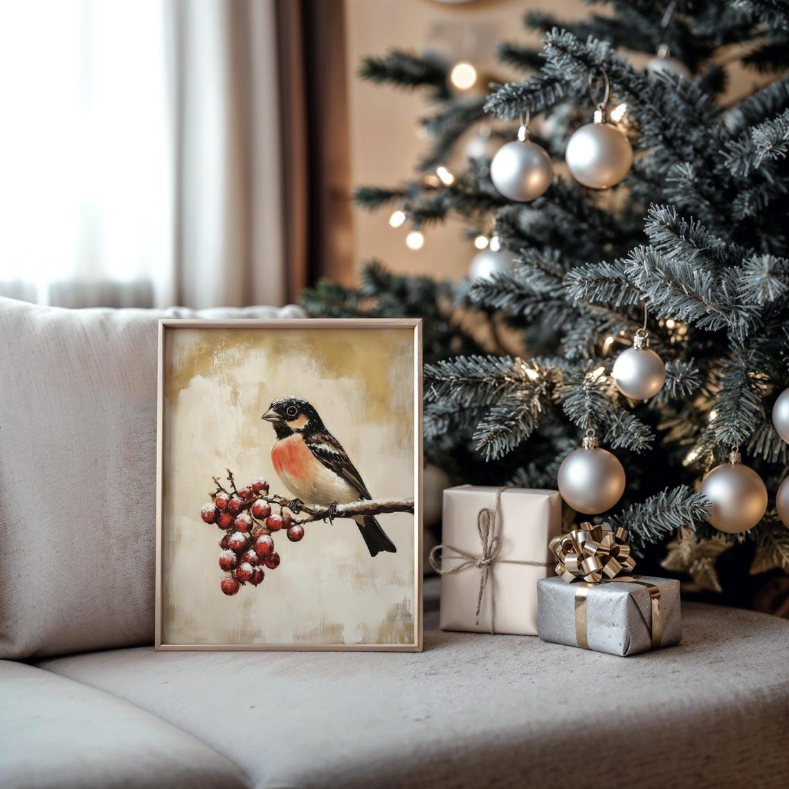 Bullfinch Bird on Frosty Winter Berry Branch Vintage Style Poster - Image 5