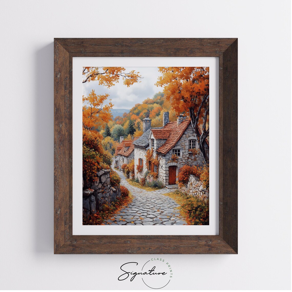 Autumn Stone Cottage Village Oil Painting Cobblestone Lane Poster - Image 4